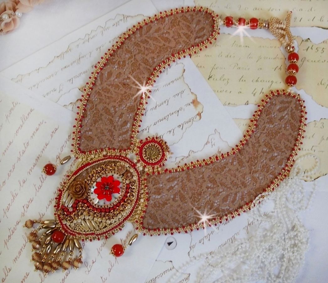 Renaissance necklace embroidered with gold and red seed beads