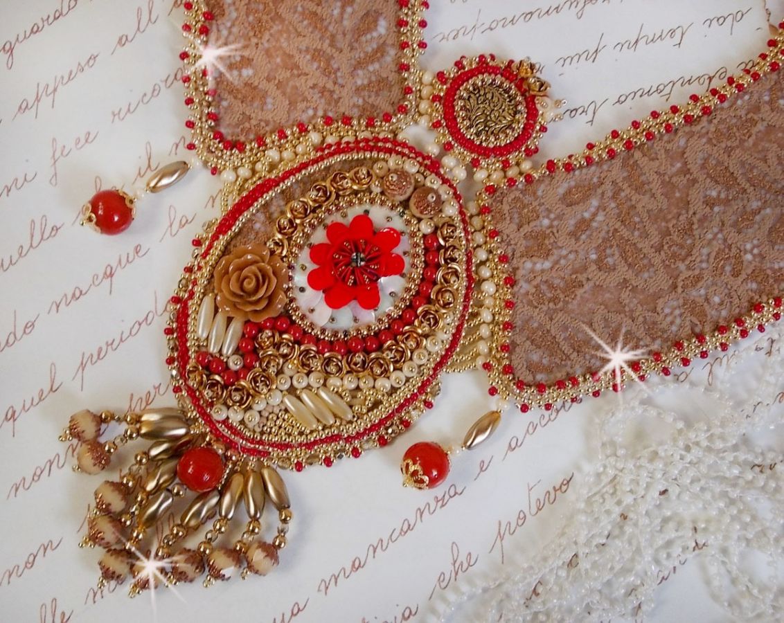 Renaissance necklace embroidered with gold and red seed beads