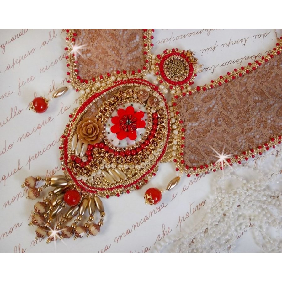 Renaissance necklace embroidered with gold and red seed beads