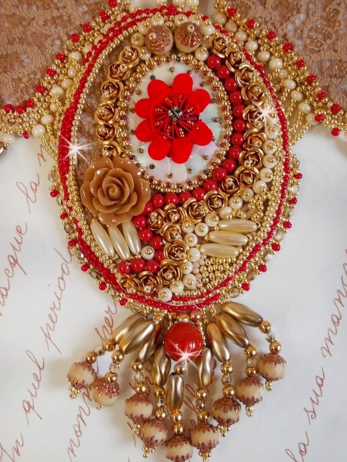 Renaissance necklace embroidered with gold and red seed beads