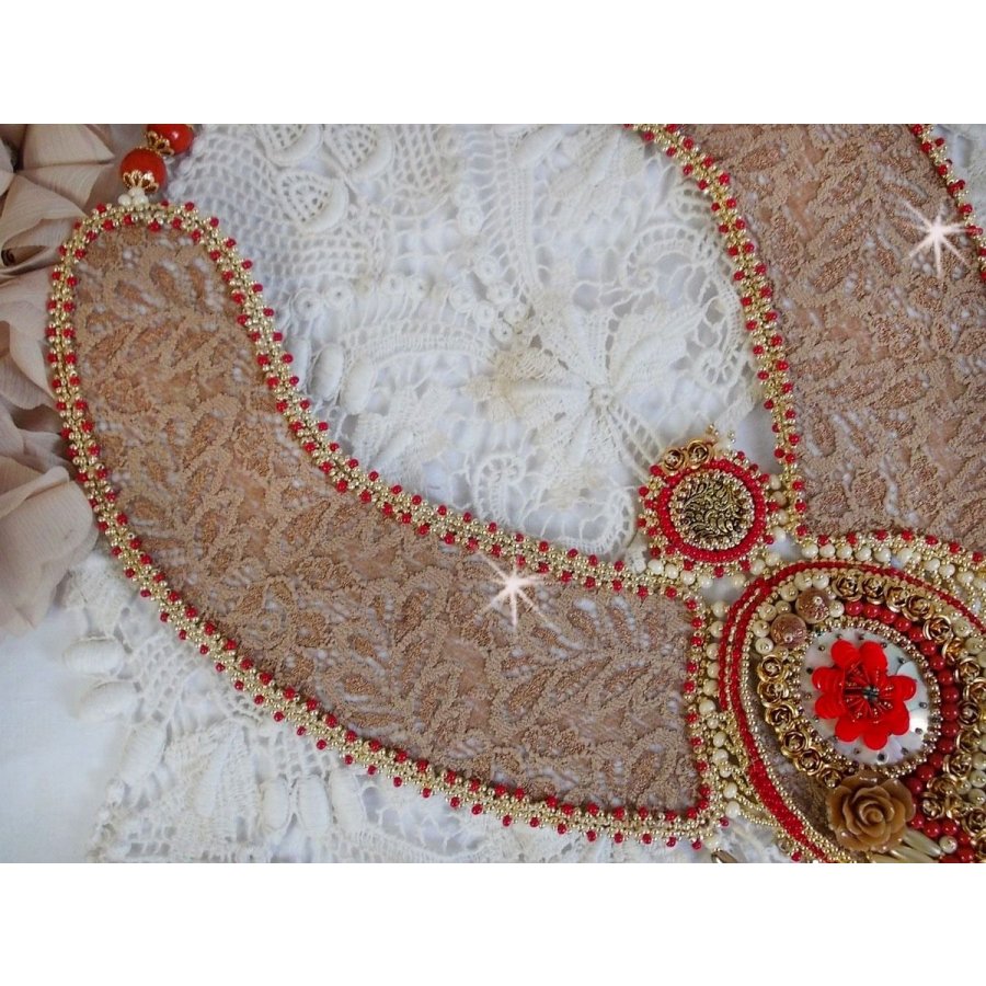 Renaissance necklace embroidered with gold and red seed beads