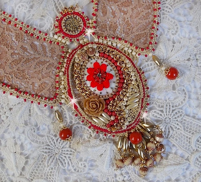 Renaissance necklace embroidered with gold and red seed beads