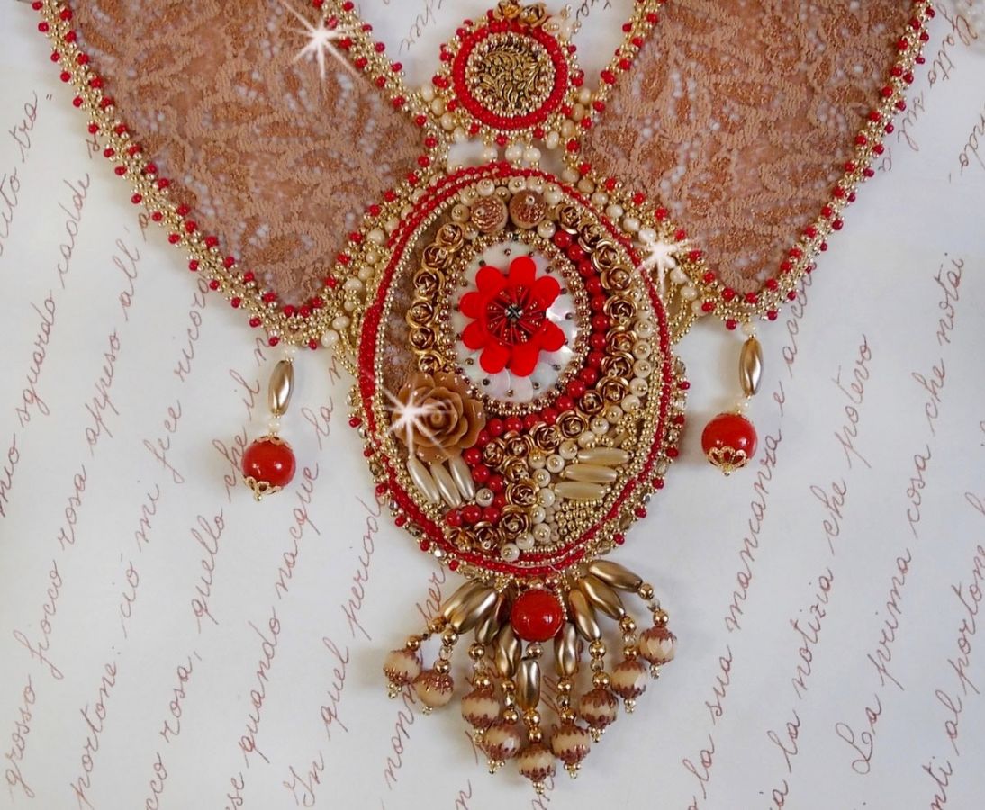 Renaissance necklace embroidered with gold and red seed beads