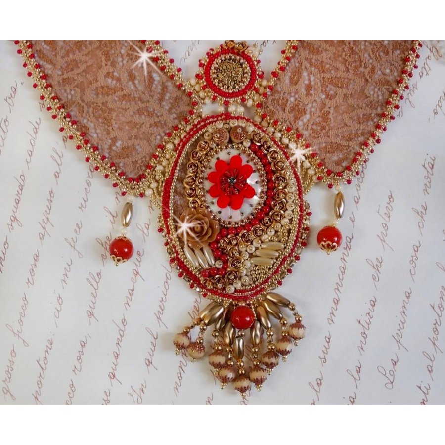 Renaissance necklace embroidered with gold and red seed beads