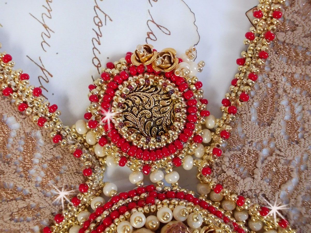 Renaissance necklace embroidered with gold and red seed beads