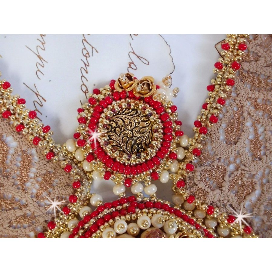 Renaissance necklace embroidered with gold and red seed beads