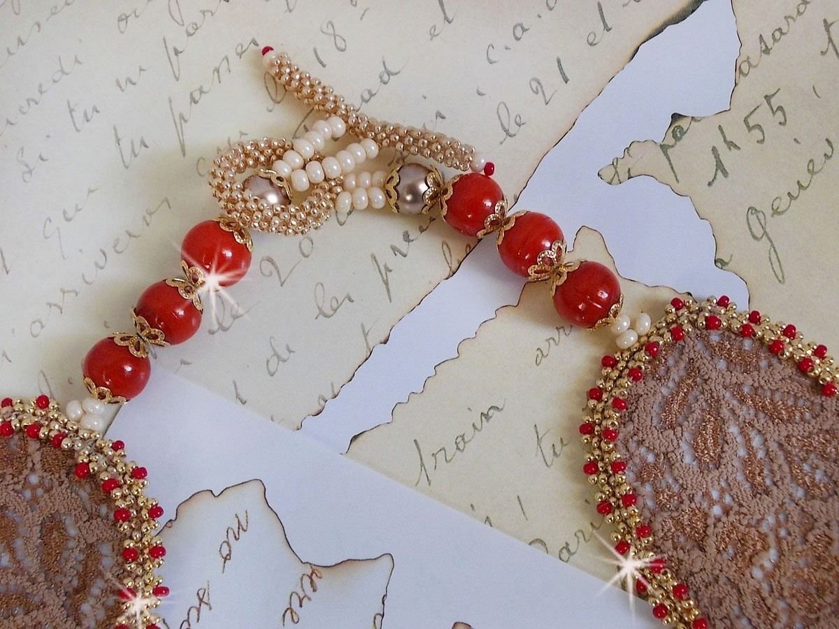 Renaissance necklace embroidered with gold and red seed beads