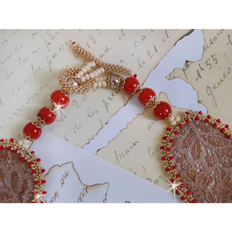 Renaissance necklace embroidered with gold and red seed beads