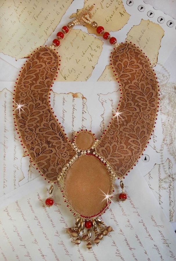 Renaissance necklace embroidered with gold and red seed beads