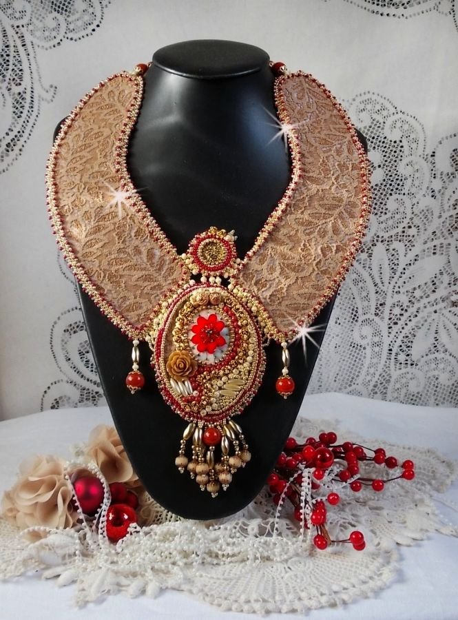 Renaissance necklace embroidered with gold and red seed beads