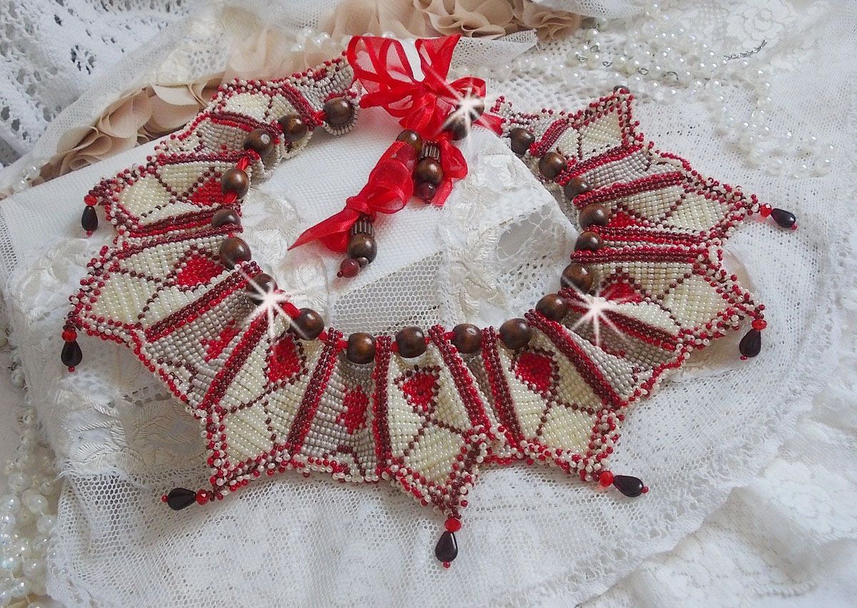 Romane necklace, embroidered with Bordeaux, Ivory, Red seed beads, flat petal drops and wooden beads.