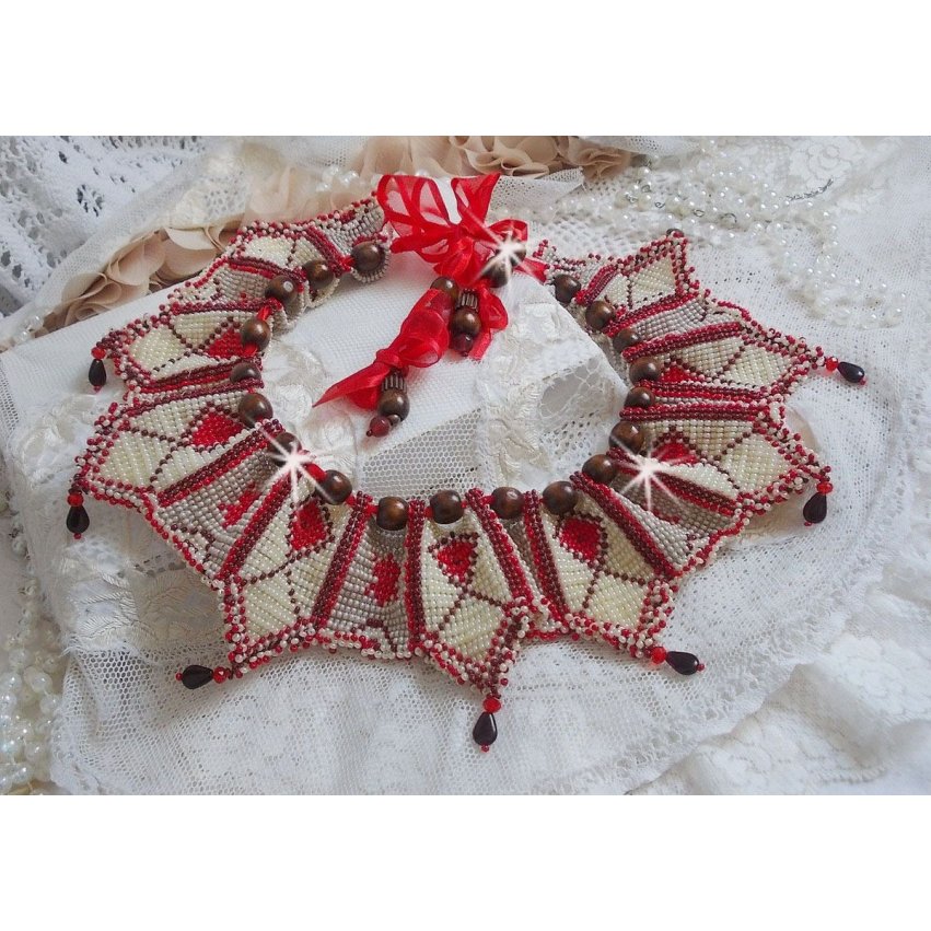 Romane necklace, embroidered with Bordeaux, Ivory, Red seed beads, flat petal drops and wooden beads.