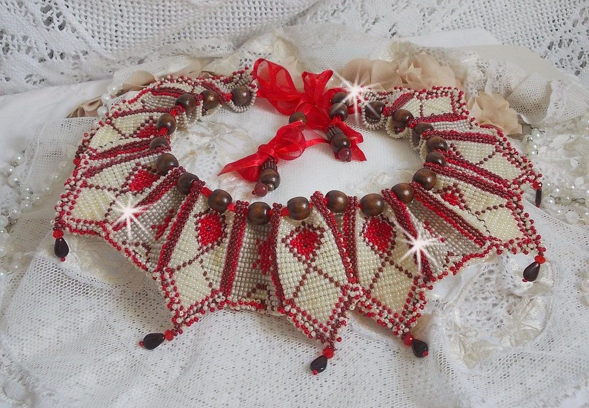 Romane necklace, embroidered with Bordeaux, Ivory, Red seed beads, flat petal drops and wooden beads.