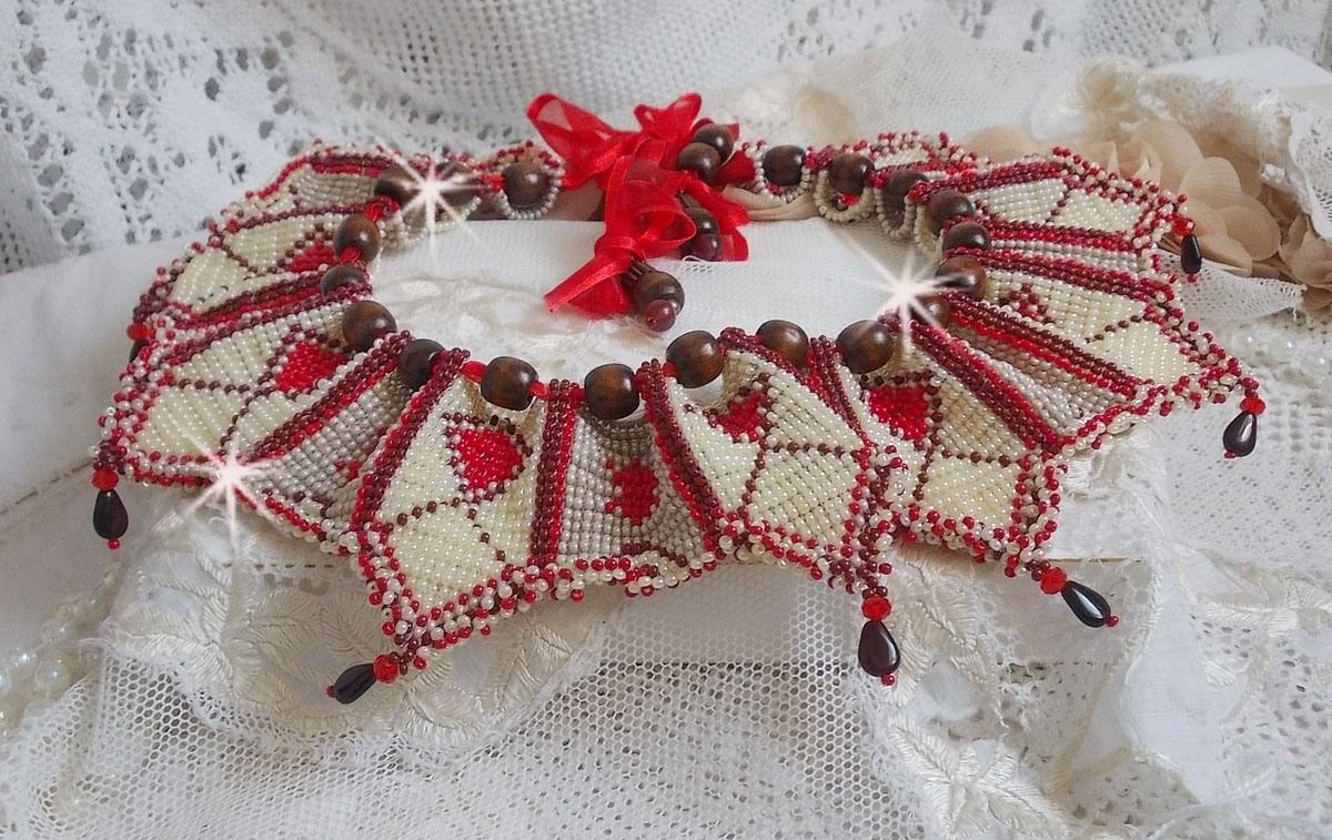 Romane necklace, embroidered with Bordeaux, Ivory, Red seed beads, flat petal drops and wooden beads.