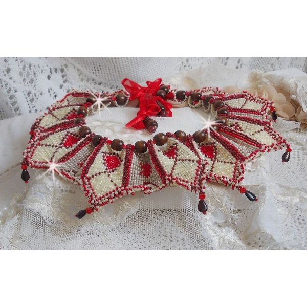 Romane necklace, embroidered with Bordeaux, Ivory, Red seed beads, flat petal drops and wooden beads.