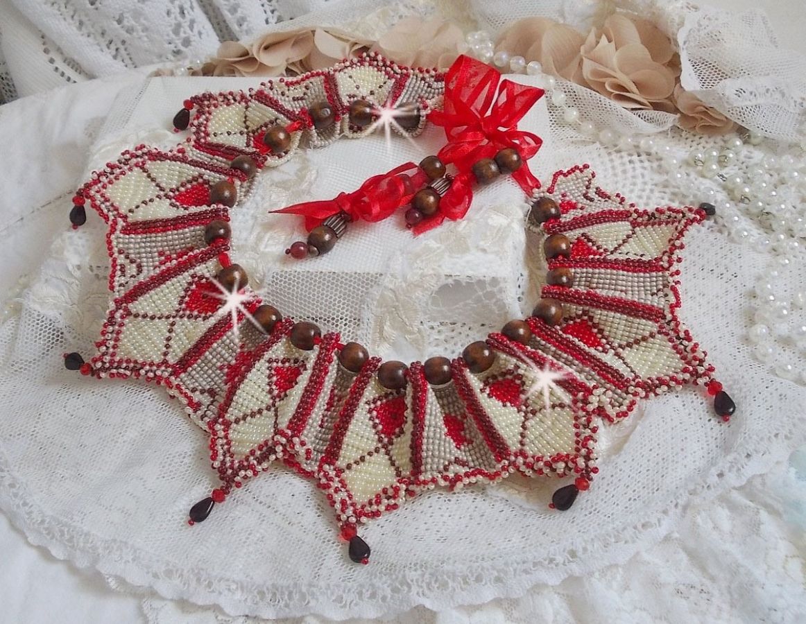 Romane necklace, embroidered with Bordeaux, Ivory, Red seed beads, flat petal drops and wooden beads.