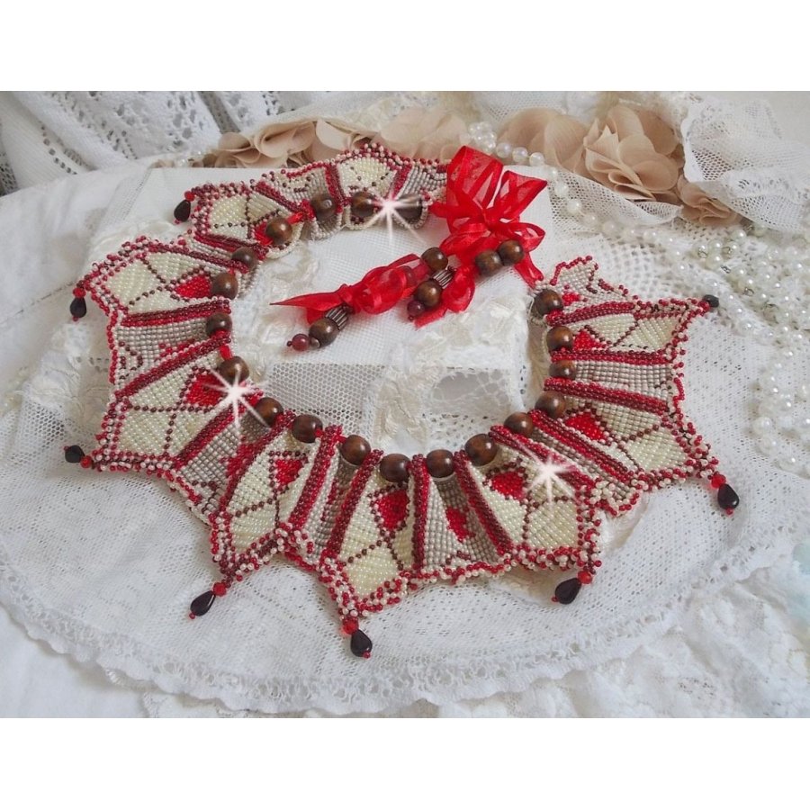 Romane necklace, embroidered with Bordeaux, Ivory, Red seed beads, flat petal drops and wooden beads.