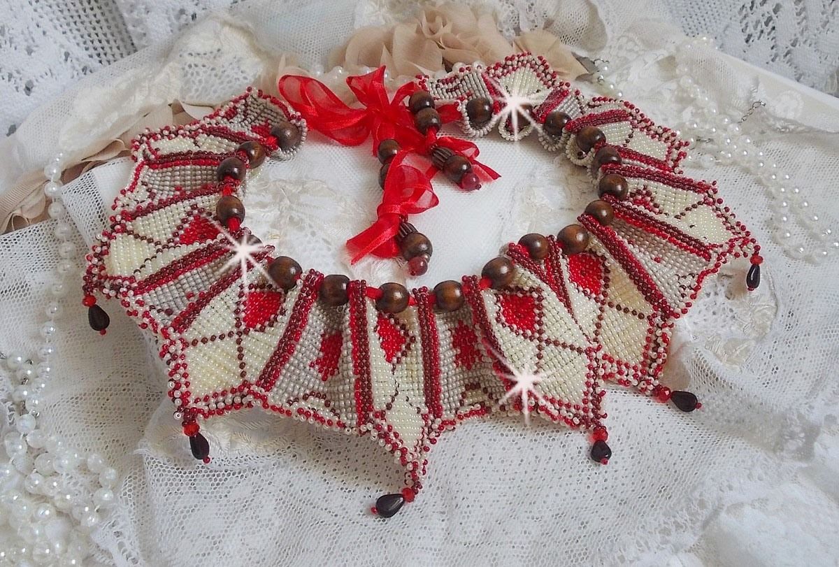 Romane necklace, embroidered with Bordeaux, Ivory, Red seed beads, flat petal drops and wooden beads.