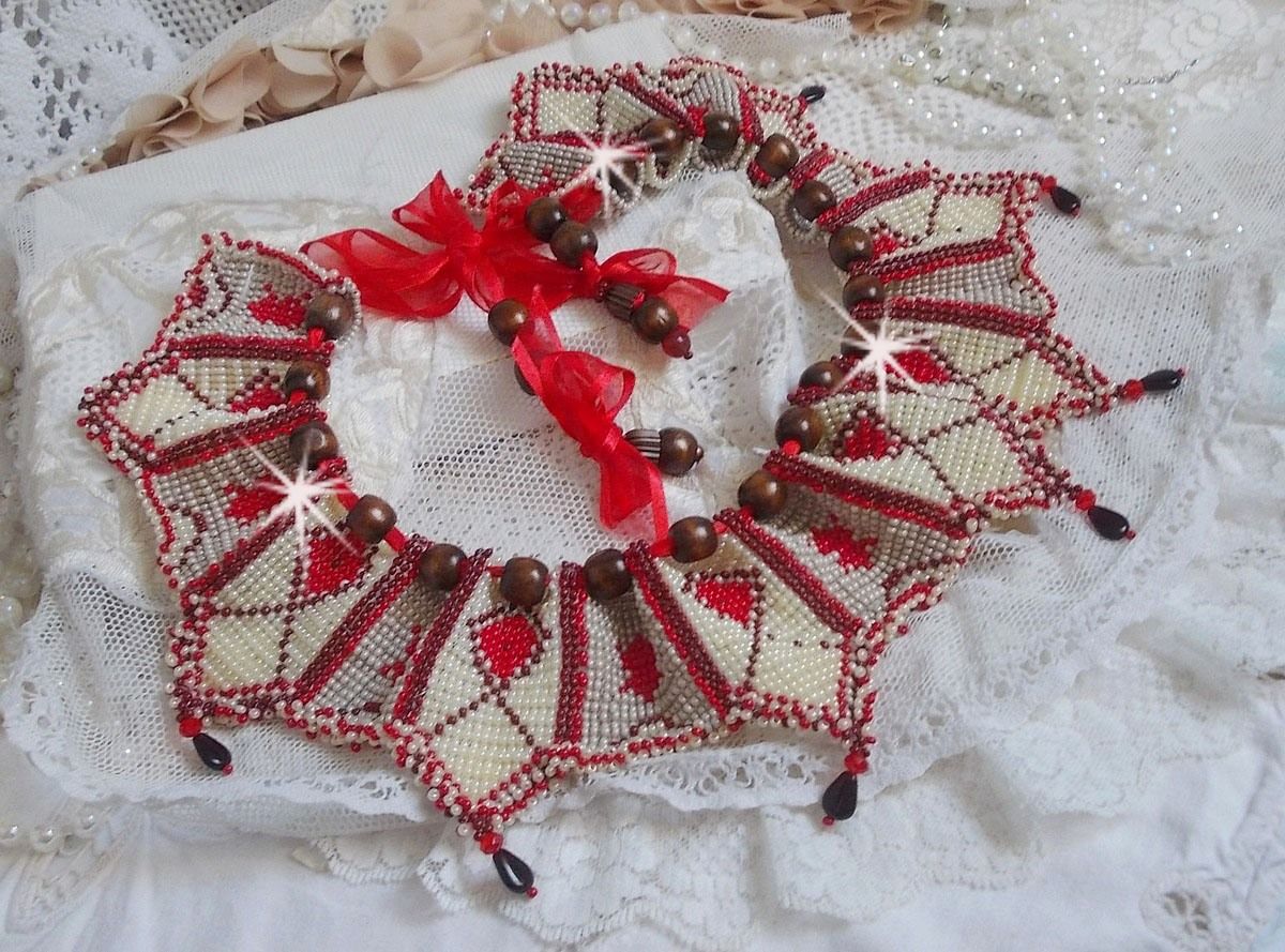 Romane necklace, embroidered with Bordeaux, Ivory, Red seed beads, flat petal drops and wooden beads.