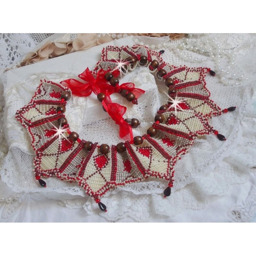 Romane necklace, embroidered with Bordeaux, Ivory, Red seed beads, flat petal drops and wooden beads.