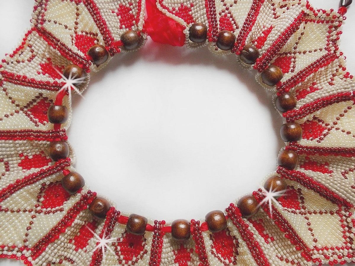 Romane necklace, embroidered with Bordeaux, Ivory, Red seed beads, flat petal drops and wooden beads.