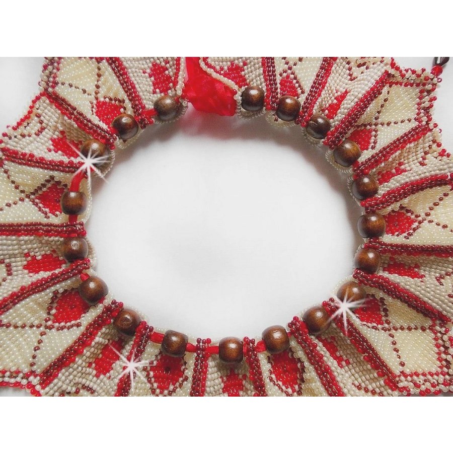 Romane necklace, embroidered with Bordeaux, Ivory, Red seed beads, flat petal drops and wooden beads.