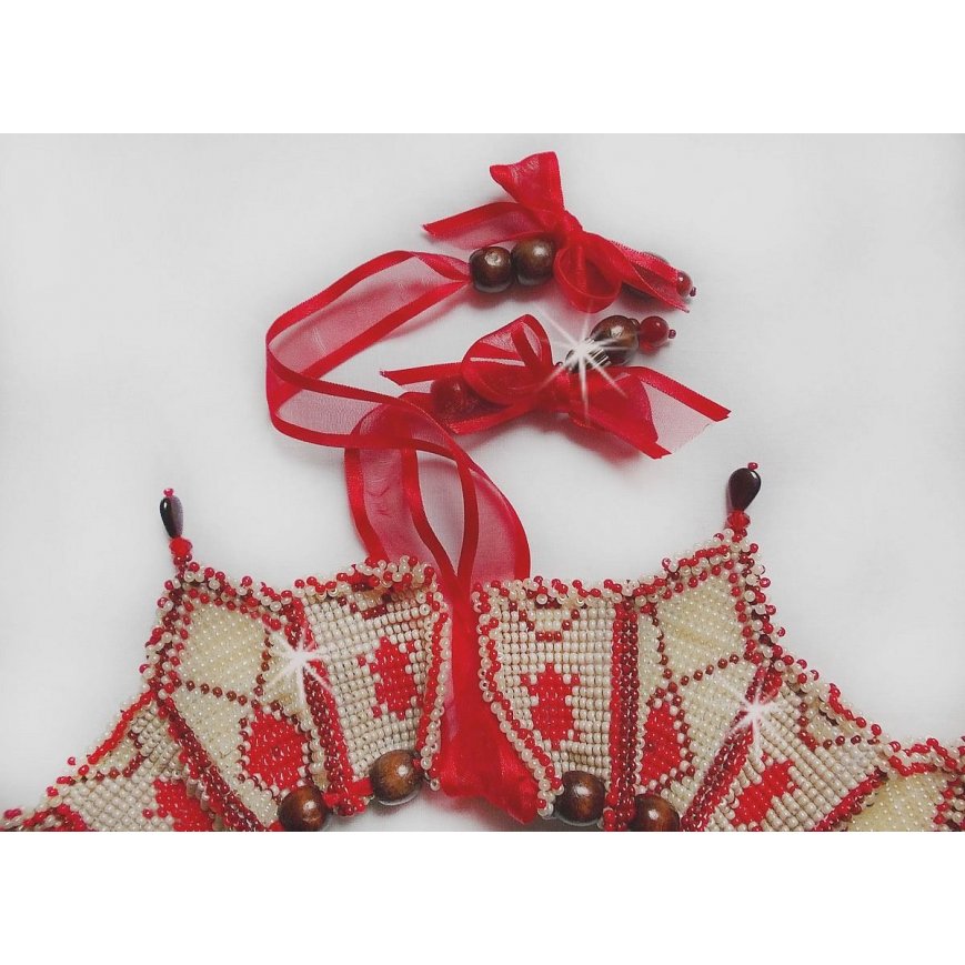 Romane necklace, embroidered with Bordeaux, Ivory, Red seed beads, flat petal drops and wooden beads.