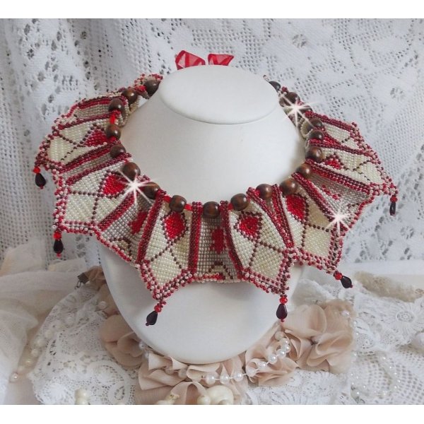 Romane necklace, embroidered with Bordeaux, Ivory, Red seed beads, flat petal drops and wooden beads.