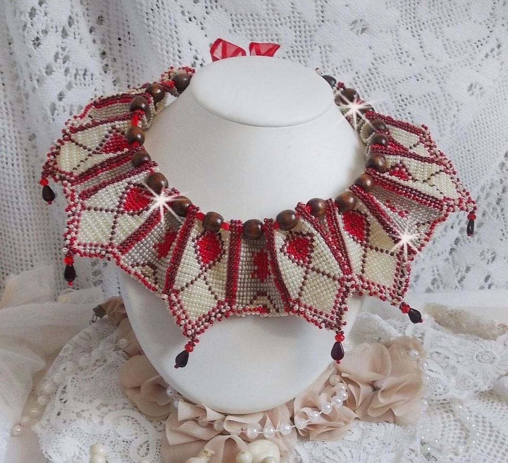 Romane necklace, embroidered with Bordeaux, Ivory, Red seed beads, flat petal drops and wooden beads.