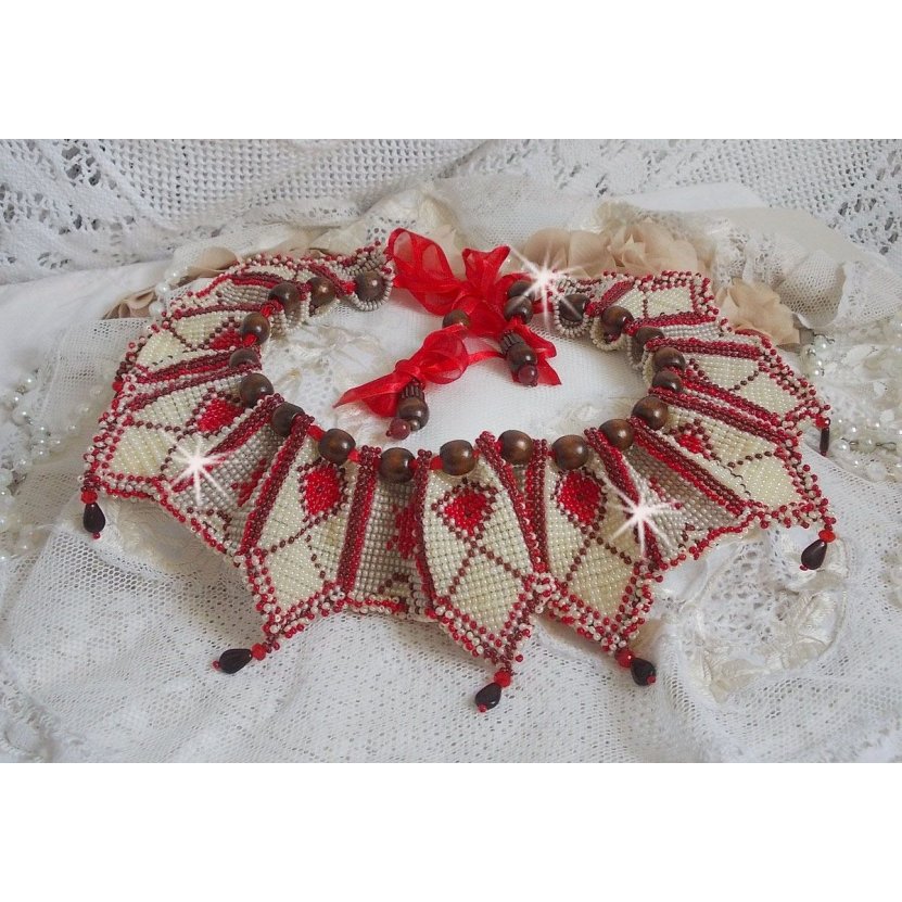 Romane necklace, embroidered with Bordeaux, Ivory, Red seed beads, flat petal drops and wooden beads.