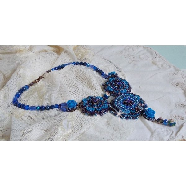 Royal Blue Roses Necklace with Swarovski crystals and seed beads