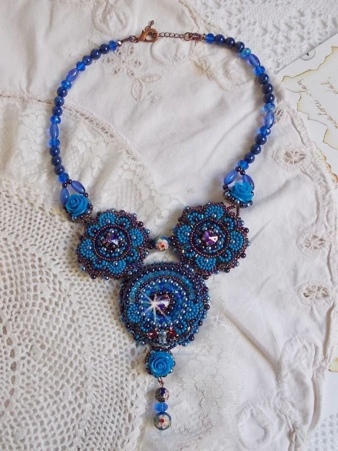 Royal Blue Roses Necklace with Swarovski crystals and seed beads