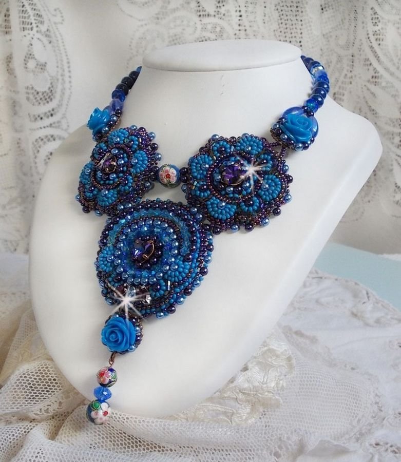 Royal Blue Roses Necklace with Swarovski crystals and seed beads