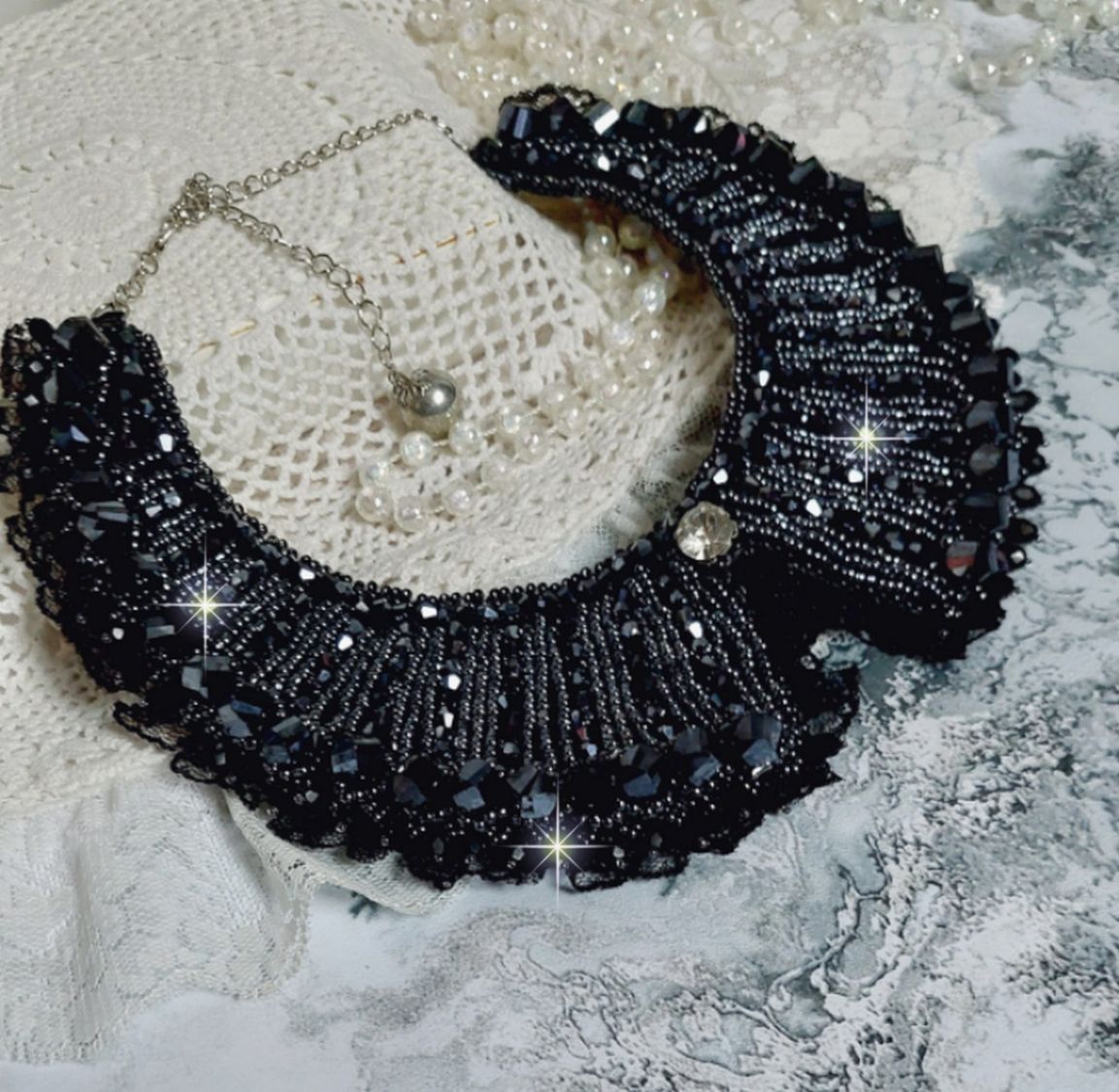 Necklace with Swarovski crystals and black lace Haute-Couture style