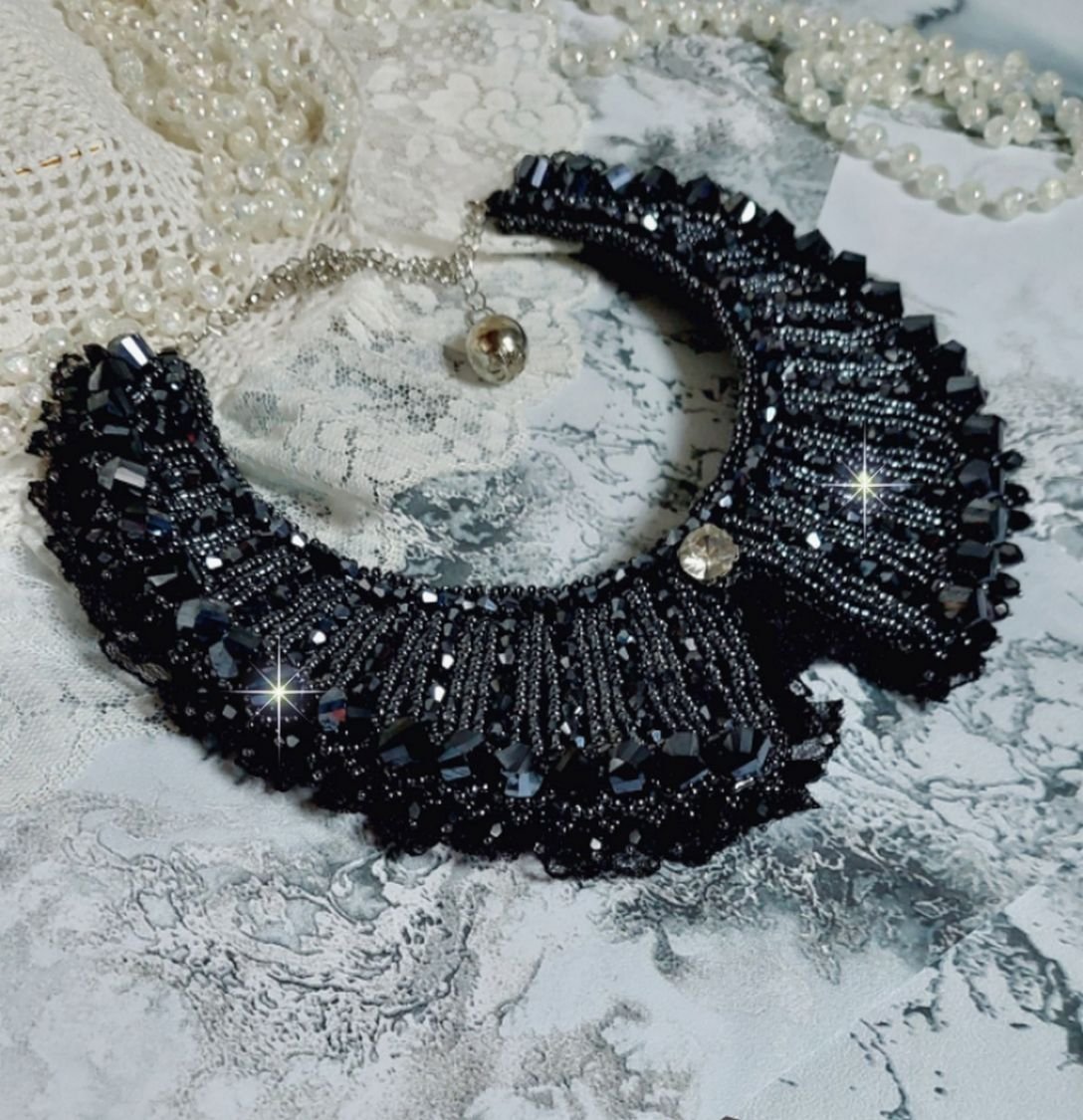 Necklace with Swarovski crystals and black lace Haute-Couture style