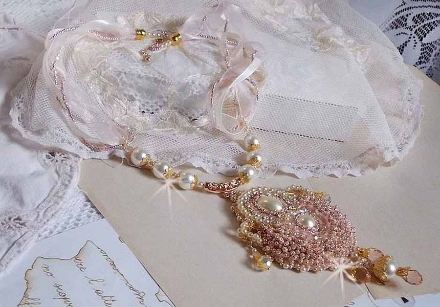 Rice Powder Necklace embroidered with Swarovski crystals, gold plated accessories, pearls and seed beads
