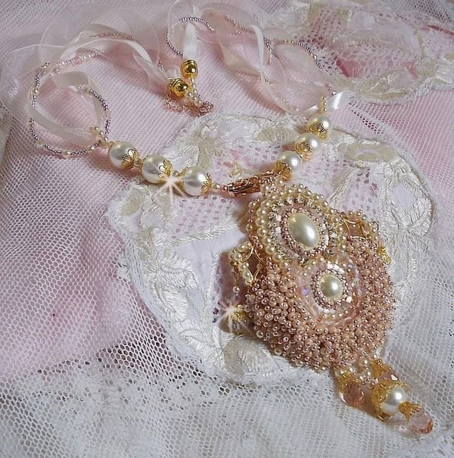 Rice Powder Necklace embroidered with Swarovski crystals, gold plated accessories, pearls and seed beads