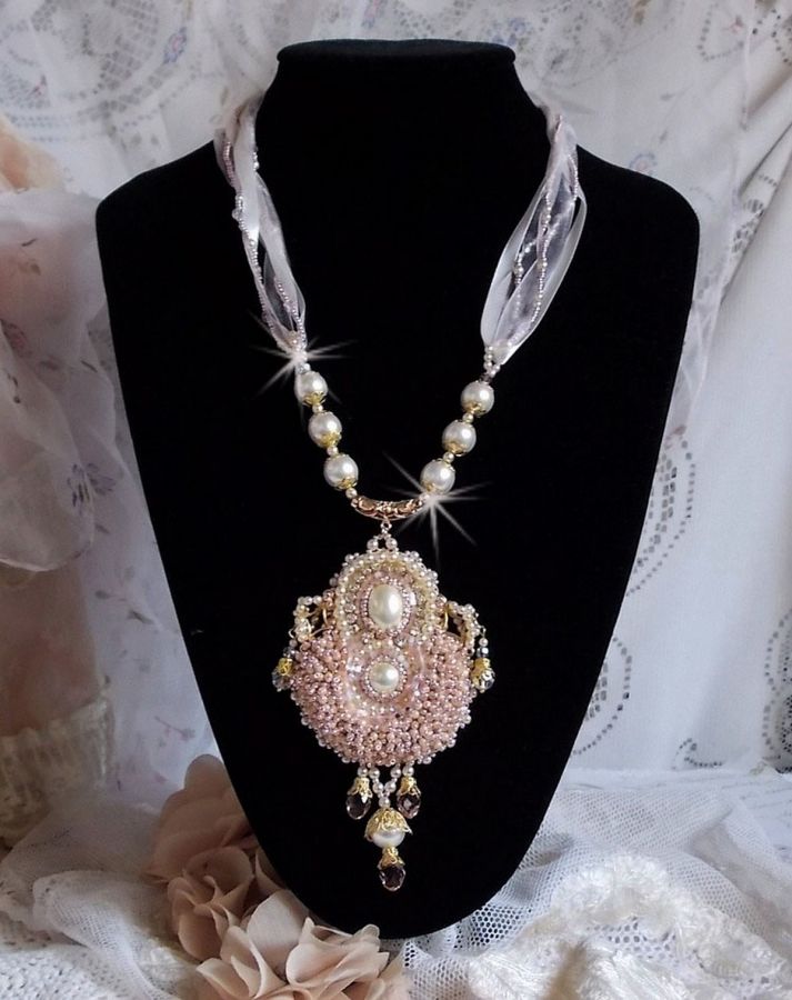 Rice Powder Necklace embroidered with Swarovski crystals, gold plated accessories, pearls and seed beads