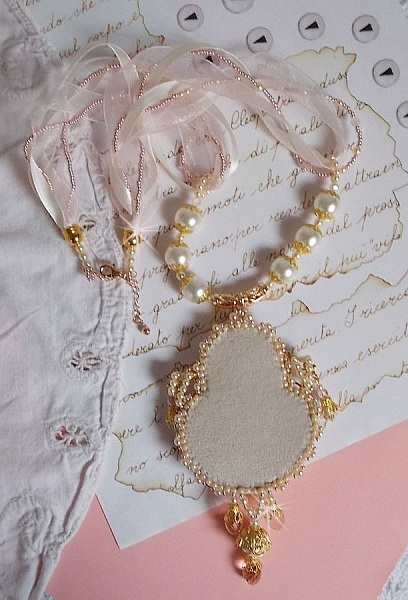 Rice Powder Necklace embroidered with Swarovski crystals, gold plated accessories, pearls and seed beads