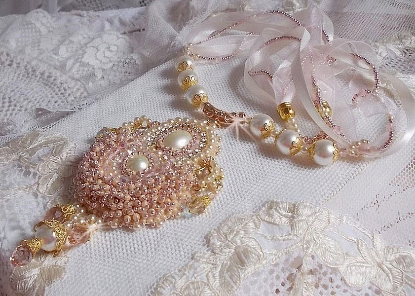 Rice Powder Necklace embroidered with Swarovski crystals, gold plated accessories, pearls and seed beads