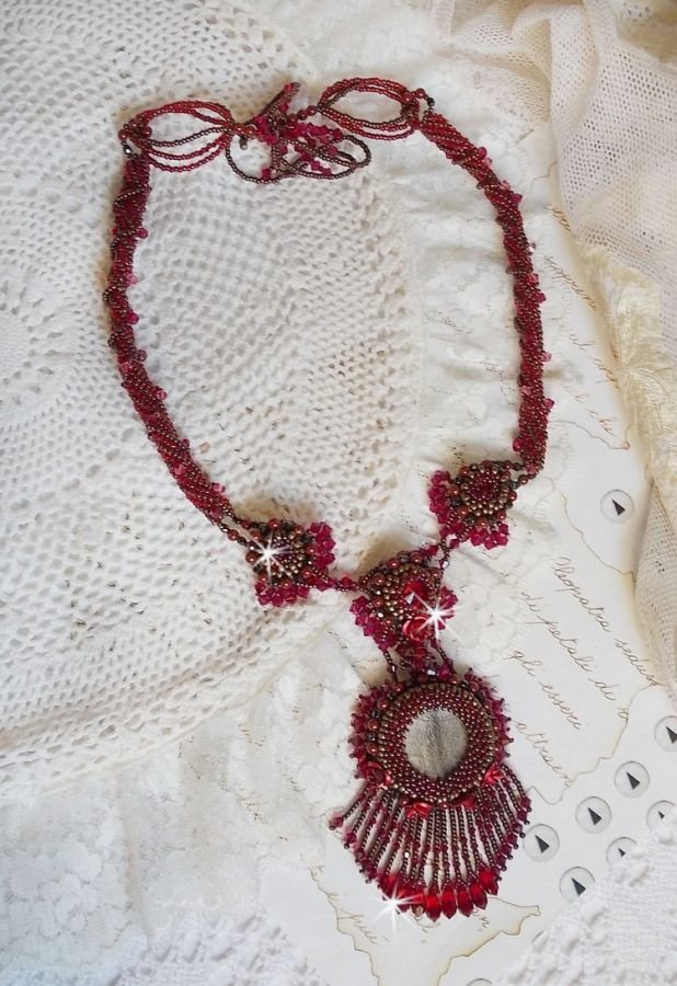 Rubby One necklace embroidered with Swarovski crystals and a ceramic cabochon