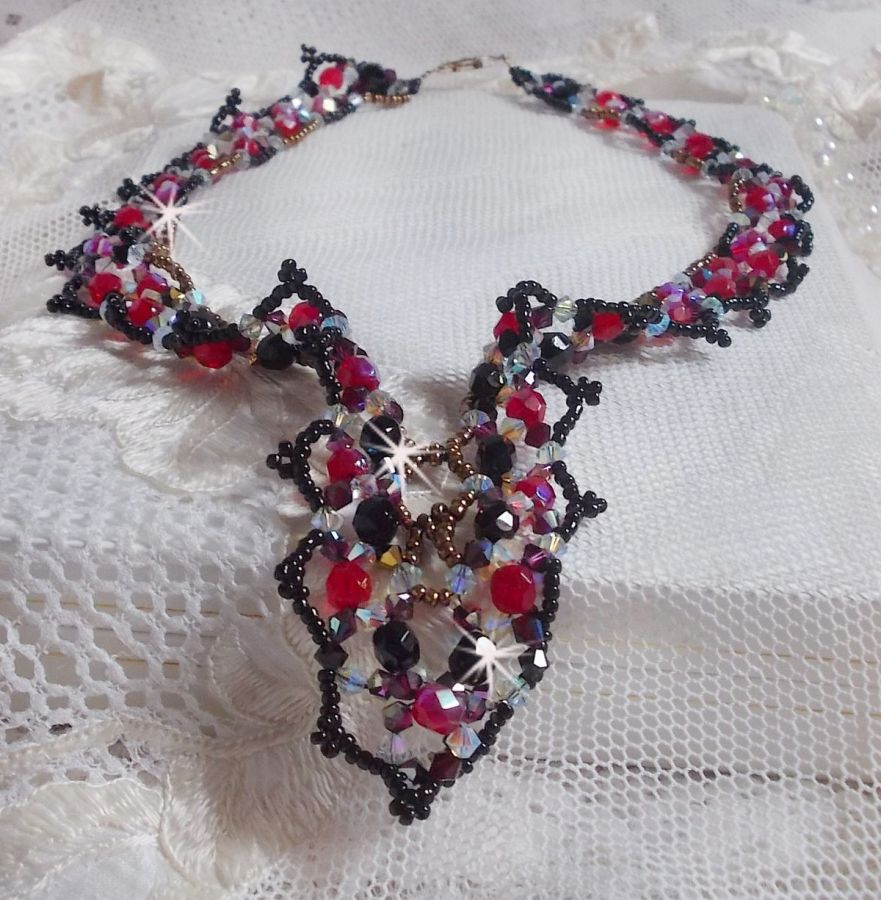 Ruby and Black necklace with Swarovski crystal facets and spinners