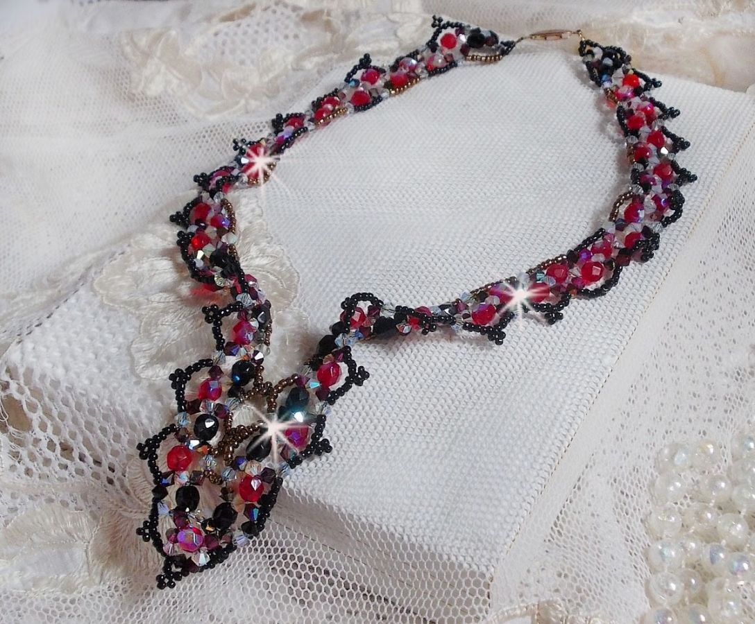 Ruby and Black necklace with Swarovski crystal facets and spinners