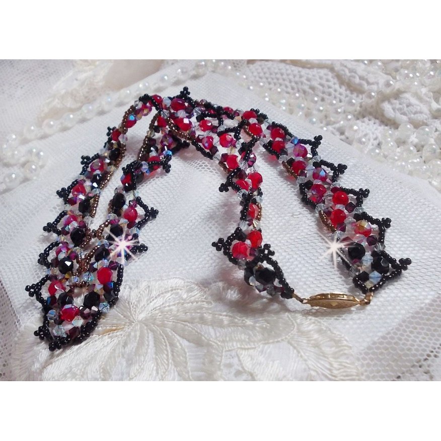 Ruby and Black necklace with Swarovski crystal facets and spinners