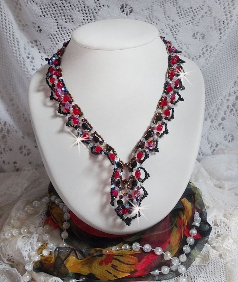 Ruby and Black necklace with Swarovski crystal facets and spinners