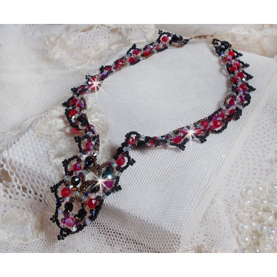 Ruby and Black necklace with Swarovski crystal facets and spinners