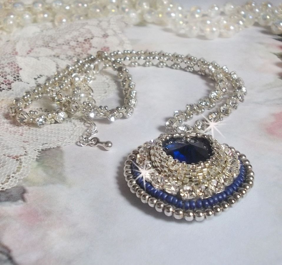 Blue Sapphire necklace embroidered with Swarovski crystal heart, Miyuki silver seed beads, bezels, 925/1000 silver clasp and extension chain