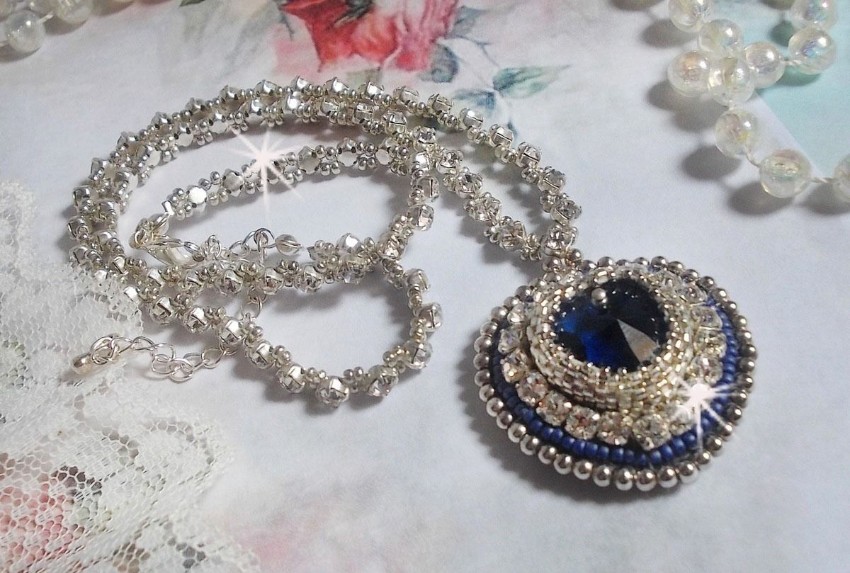 Blue Sapphire necklace embroidered with Swarovski crystal heart, Miyuki silver seed beads, bezels, 925/1000 silver clasp and extension chain