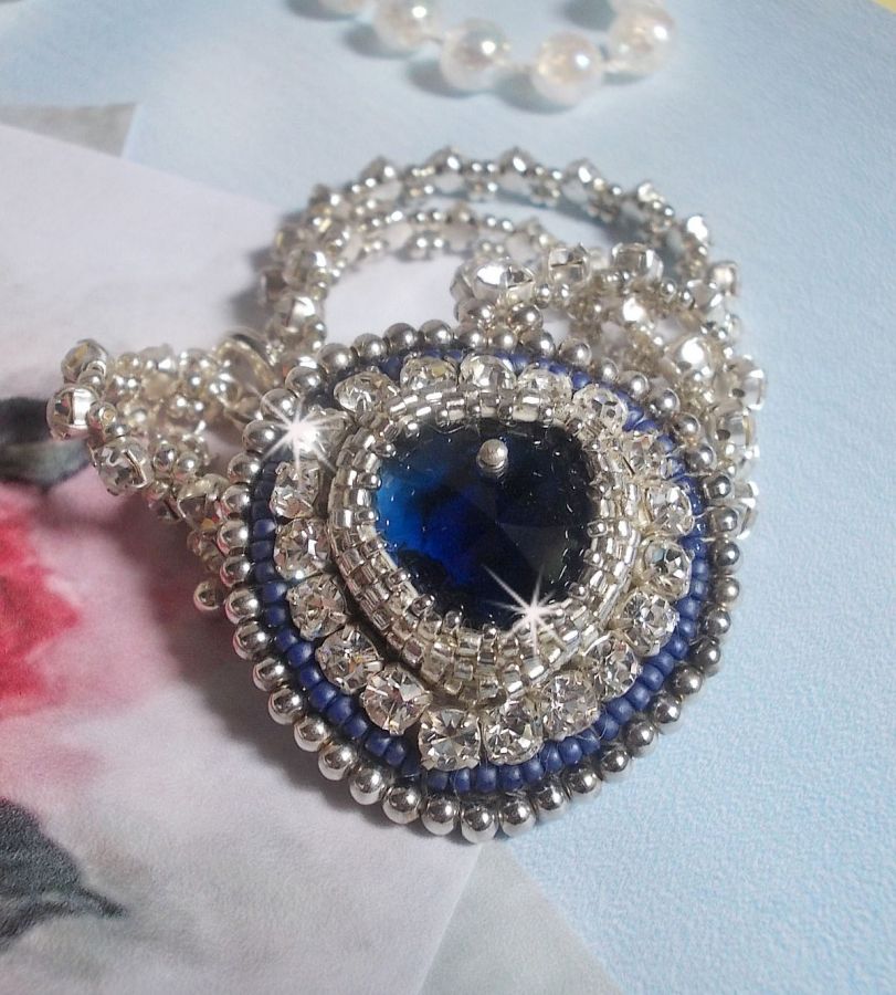 Blue Sapphire necklace embroidered with Swarovski crystal heart, Miyuki silver seed beads, bezels, 925/1000 silver clasp and extension chain