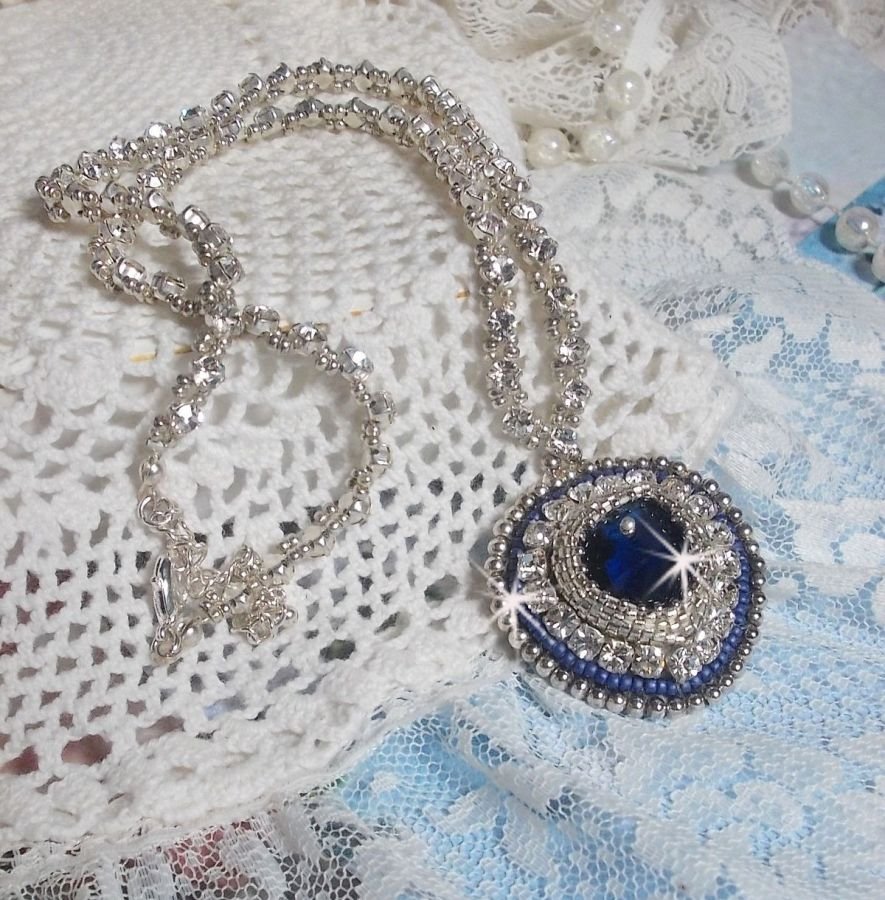 Blue Sapphire necklace embroidered with Swarovski crystal heart, Miyuki silver seed beads, bezels, 925/1000 silver clasp and extension chain